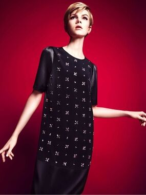 Jaeger black Embellished shift satin 60S inspired dress size 12